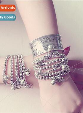 B1398 Antique lver Beaded Bracelet Ethnic Bell Hand Jewelry