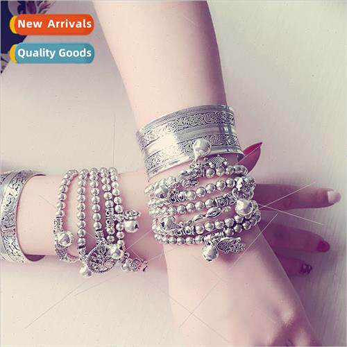 B1398 Antique lver Beaded Bracelet Ethnic Bell Hand Jewelry