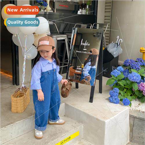 Korean childrens wear 2023 fall new girls denim jumpsu casua