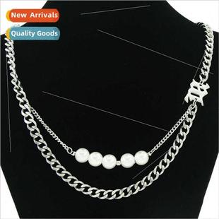 creative Cuban chain Europe pearl double necklace letter ins