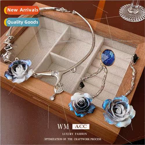 lver needle asymmetrical blue flower metal earrings niche fa