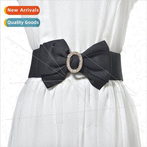 Women elastic waistband versatile bow rhinestone inlaid deco