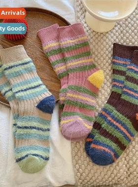 Striped socks women mid-calf socks autumn winter plush splic
