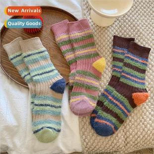 Striped socks women mid-calf socks autumn winter plush splic
