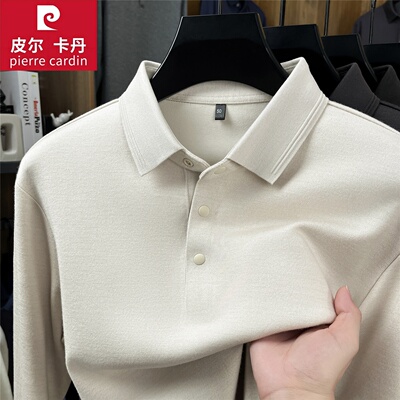 皮尔卡丹大牌男士长袖T恤2025新款高质量翻领纯色商务羊毛POLO衫