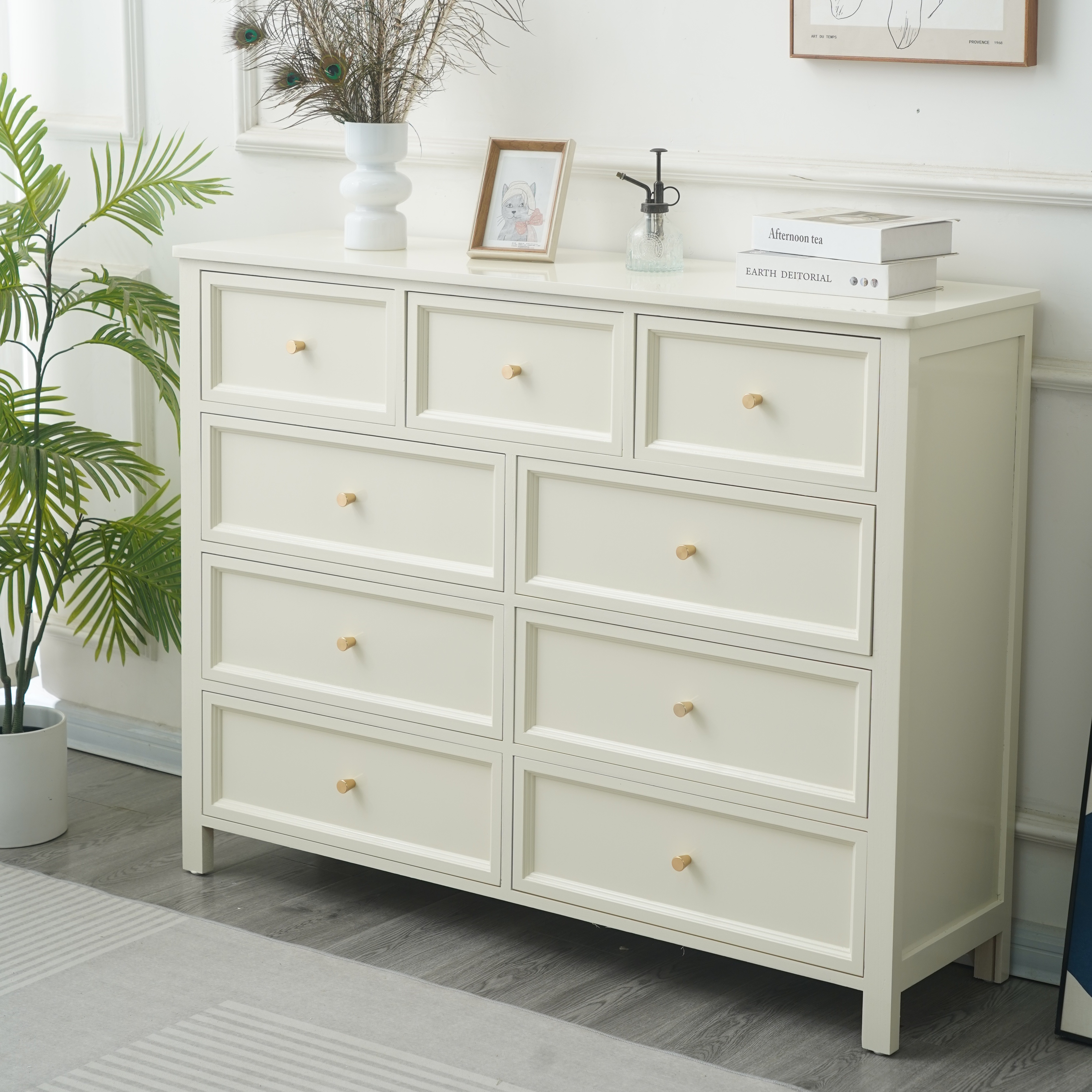 美式全实木客厅边柜白色靠墙抽屉储物收纳柜乡村田园风卧室九斗柜