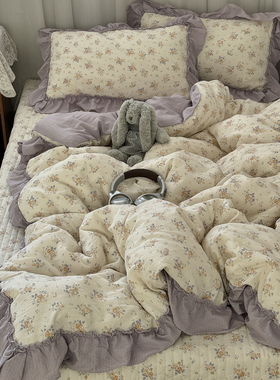 复古少女紫色小碎花水洗棉双层纱四件套被套花边床盖款床品三件套