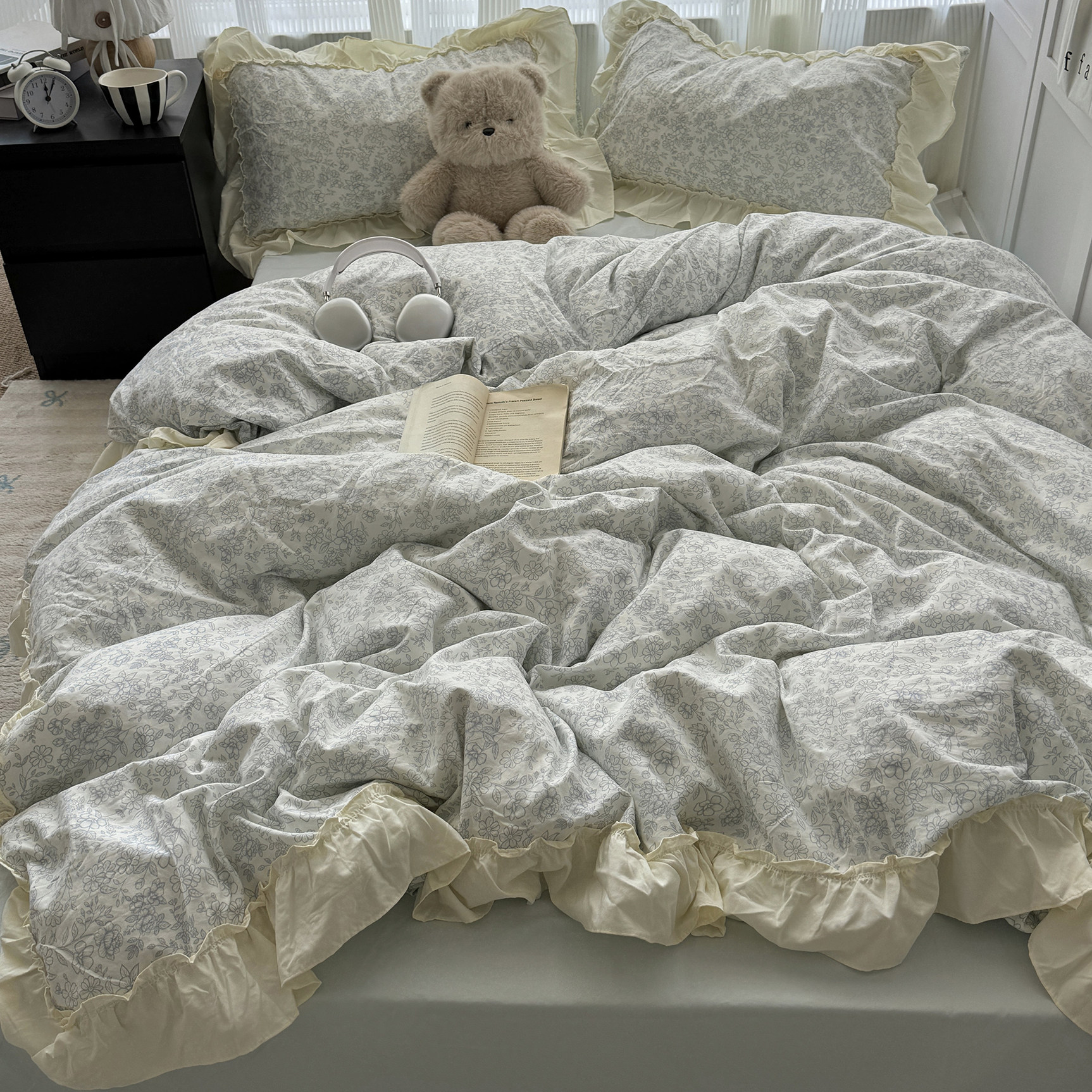 法式褶皱花边a类公主风水洗棉四件套碎花全棉被套宿舍床单三件套