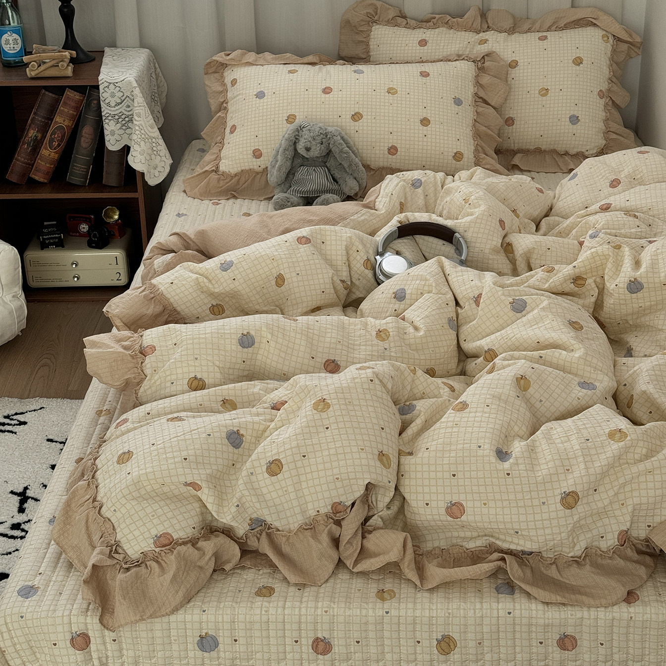 ins奶咖少女小南瓜床盖款水洗棉双层纱四件套花边被套床品三件套