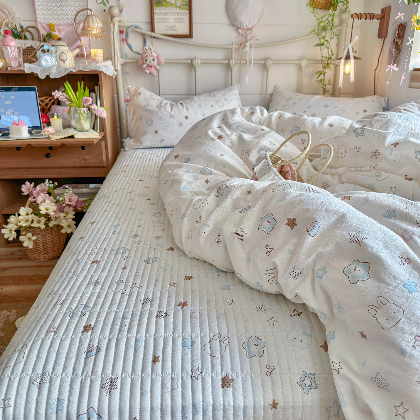韩系小清新可爱星星兔水洗棉双层纱四件套夹棉床盖宿舍被套三件套