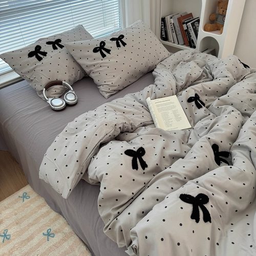 灰色波点蝴蝶结四件套水洗棉简约