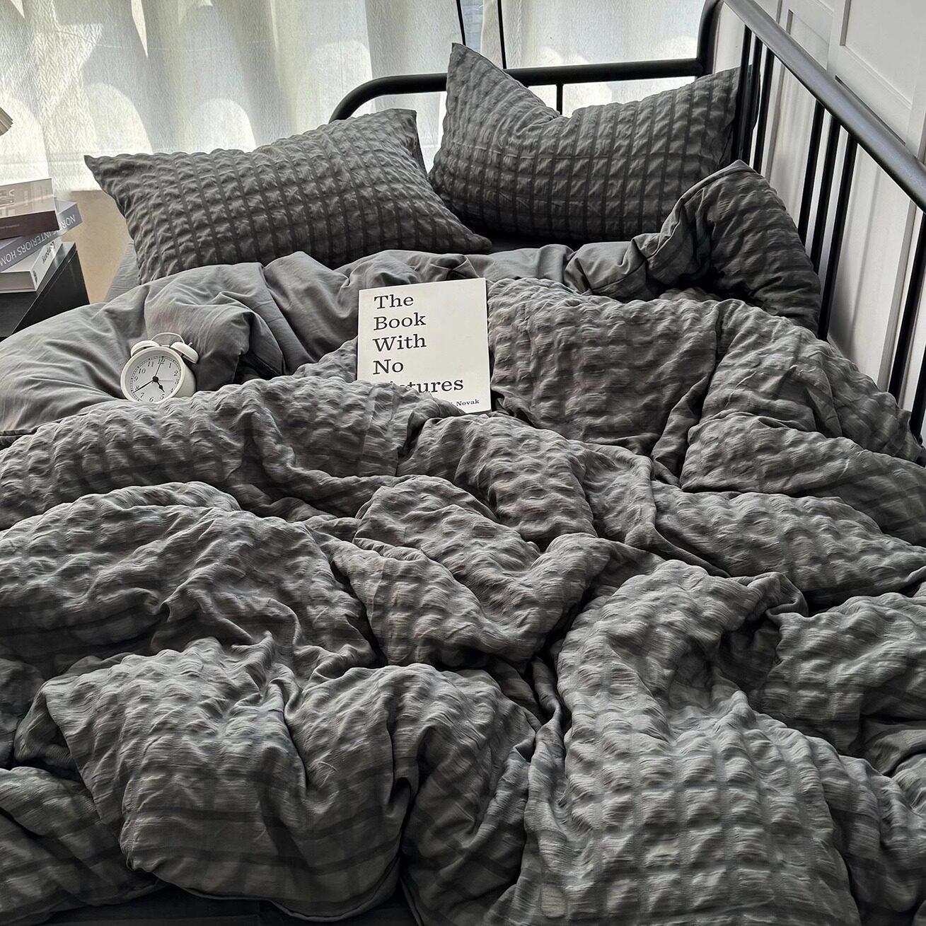 ins简约灰色提花泡泡纱水洗棉四件套亲肤柔软床单被套宿舍三件套