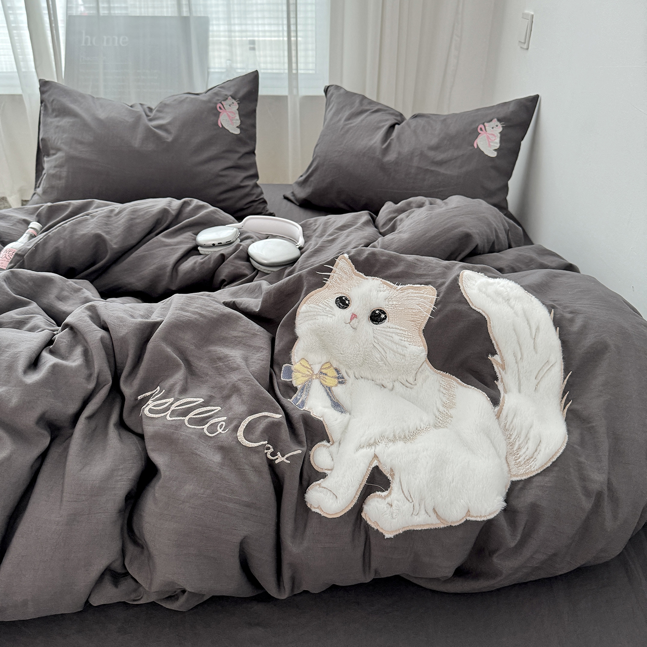 简约ins灰色软糯水洗棉立体贴布绣四件套可爱少女被套宿舍三件套