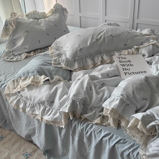 韩系蝴蝶结少女心蕾丝花边四件套双层纱水洗棉被套床单宿舍三件套