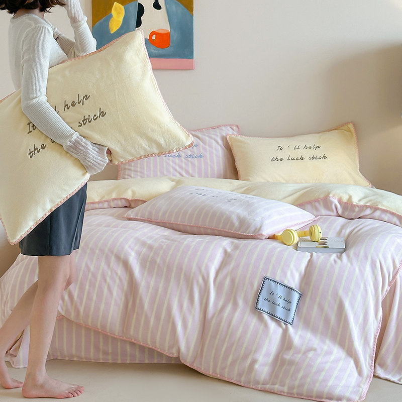 A类秋冬牛奶绒贝壳绣ins撞色条纹四件套保暖加厚珊瑚绒被套三件套,床上用品,床品套件/四件套/多件套,淘宝优惠券,粉丝福利购,淘宝优惠卷