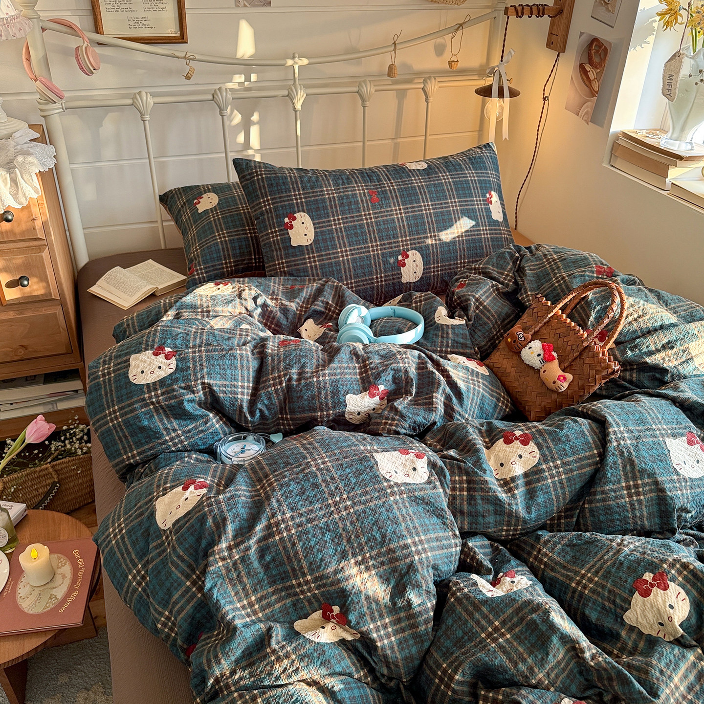 复古绿格可爱猫咪水洗棉四件套舒适泡芙纱被套学生宿舍床单三件套