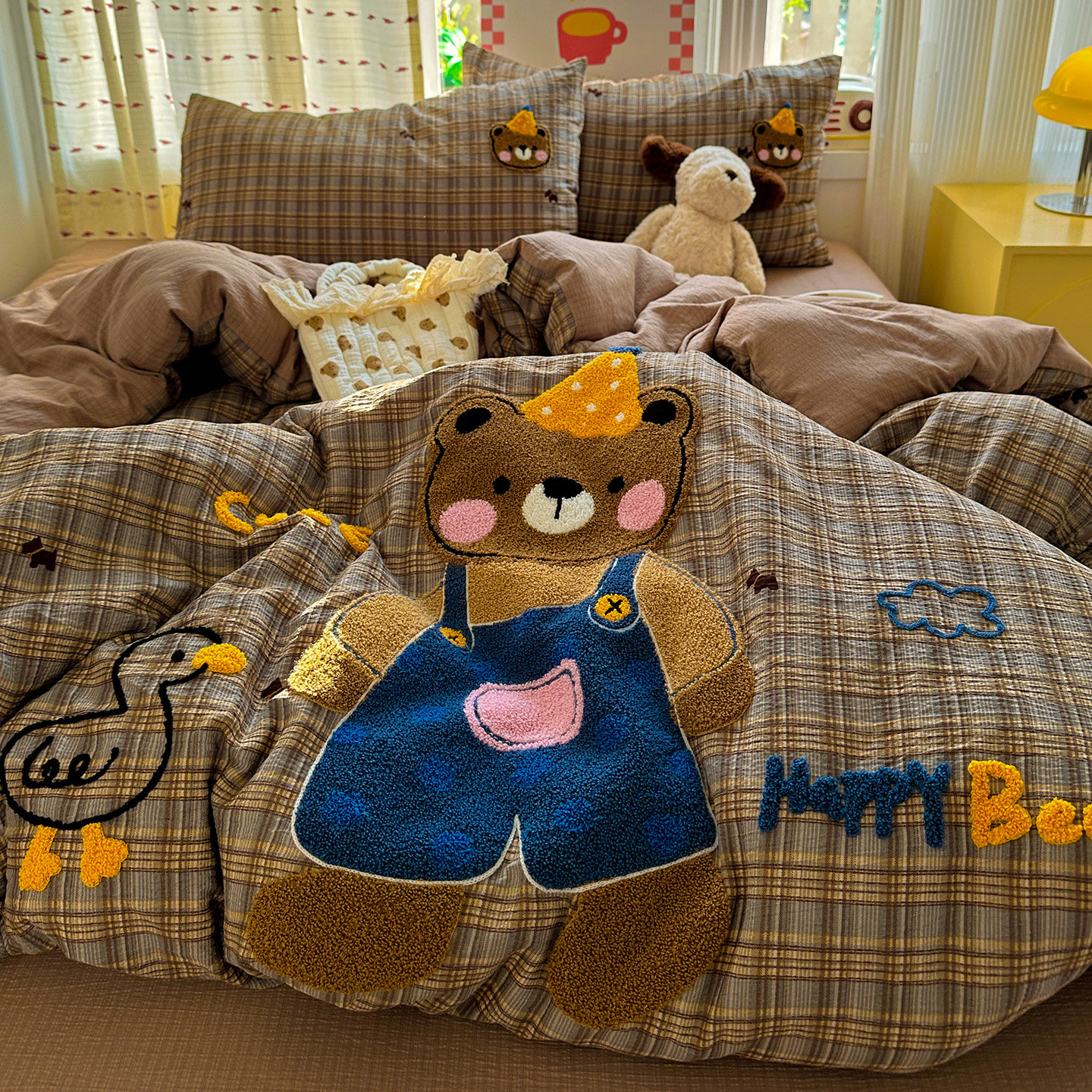 复古英伦风格纹小熊毛巾绣水洗棉四件套双层纱被套床单宿舍三件套