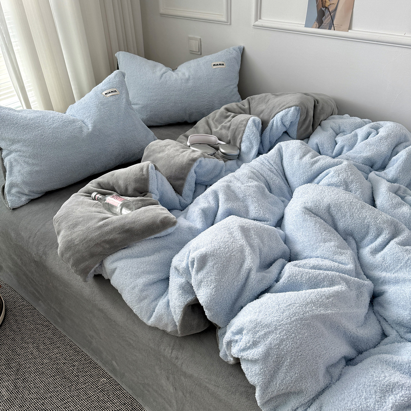 蓝灰色四件套牛奶绒ins保暖舒适