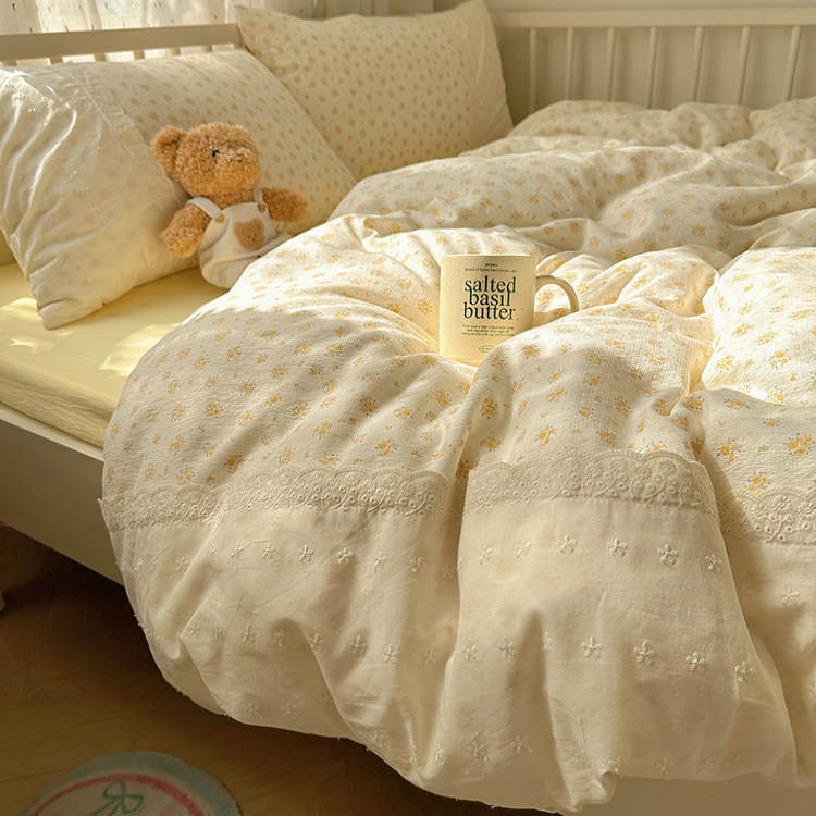奶油少女小碎花水洗棉四件套法式蕾丝花边被套学生床单三件套床笠