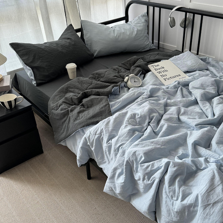 简约ins夏季双拼海盐蓝夏凉被四件套水洗棉空调被宿舍夏被三件套