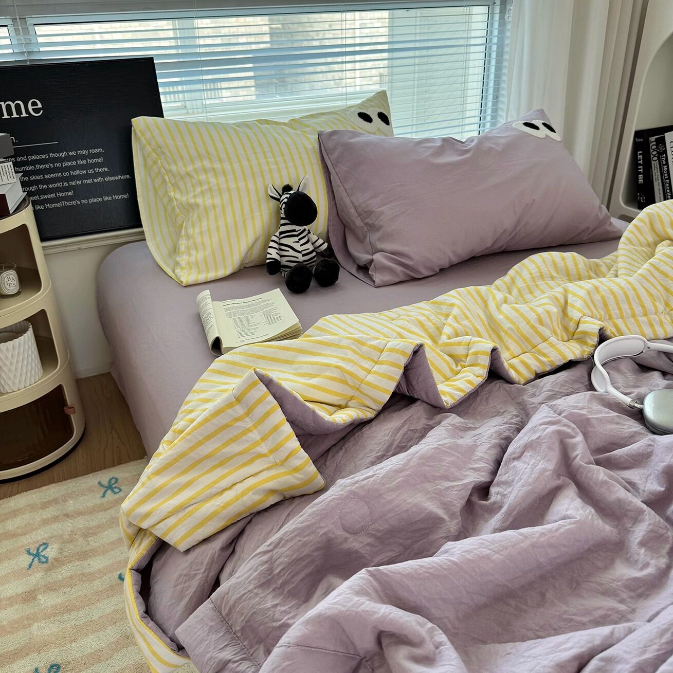 韩系ins少女紫色条纹夏凉被空调被四件套眼睛刺绣宿舍夏被三件套