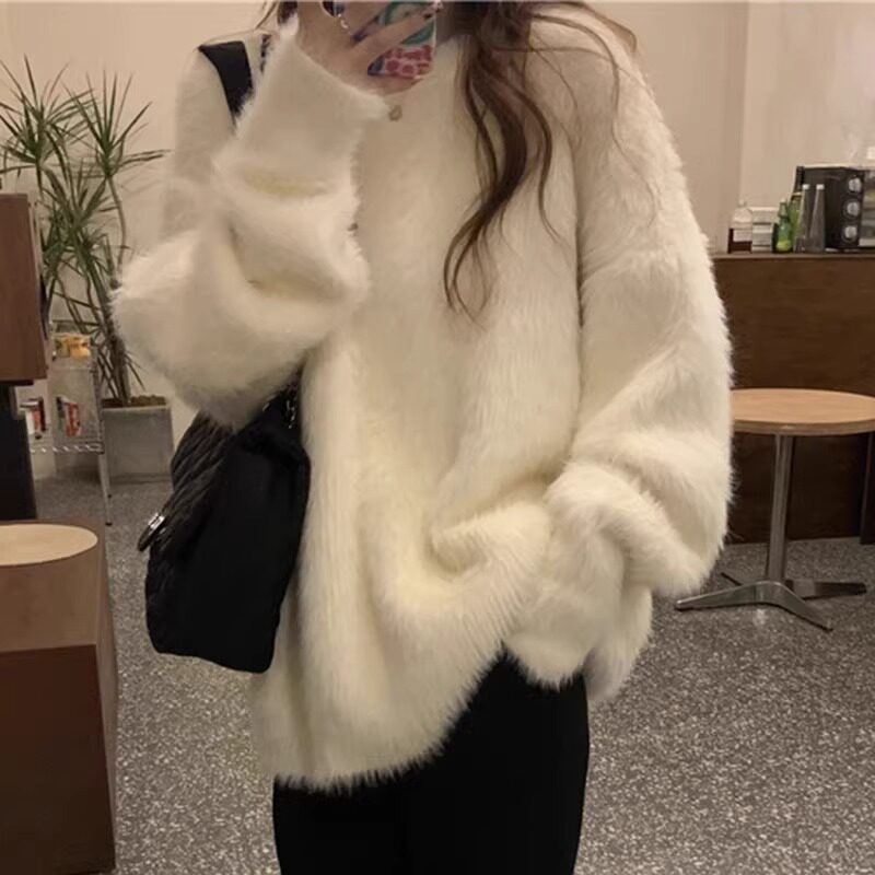 白色毛衣外套女秋冬加厚宽松软糯水貂毛中长款毛绒慵懒风套头上衣