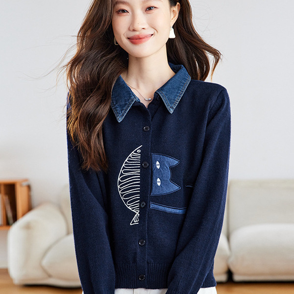 牛仔拼接衬衫领针织开衫