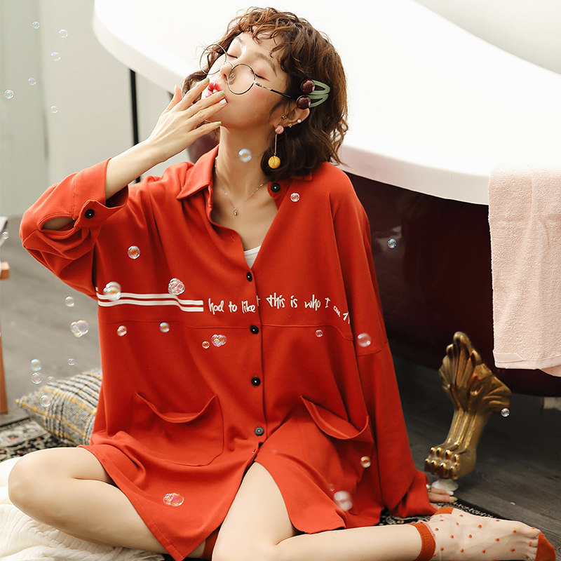 睡裙女士睡衣春秋款秋季长袖纯棉全棉薄款宽松中长款衬衫开衫衬衣