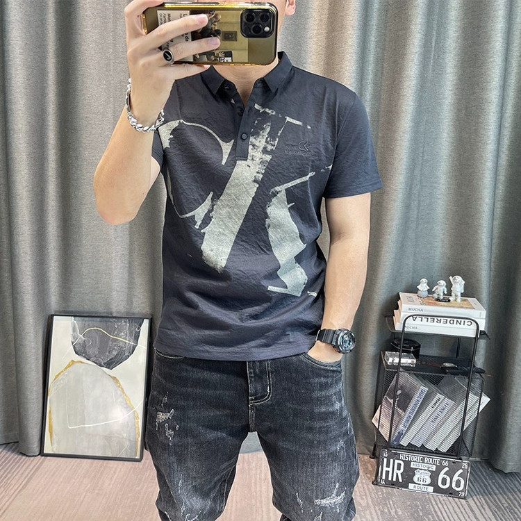 polo衫男短袖天丝麻字母印花2025夏季新款修身菠萝衫有领t恤上衣