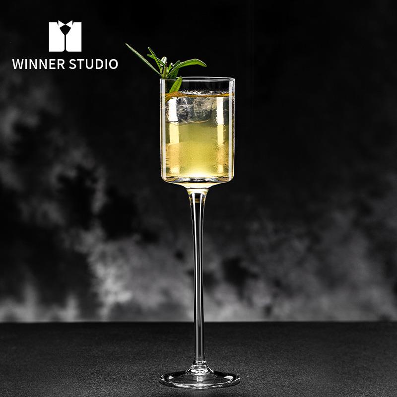 日式手工高脚杯直筒香槟杯酒吧专用酒杯创意鸡尾酒杯刻花玻璃杯子