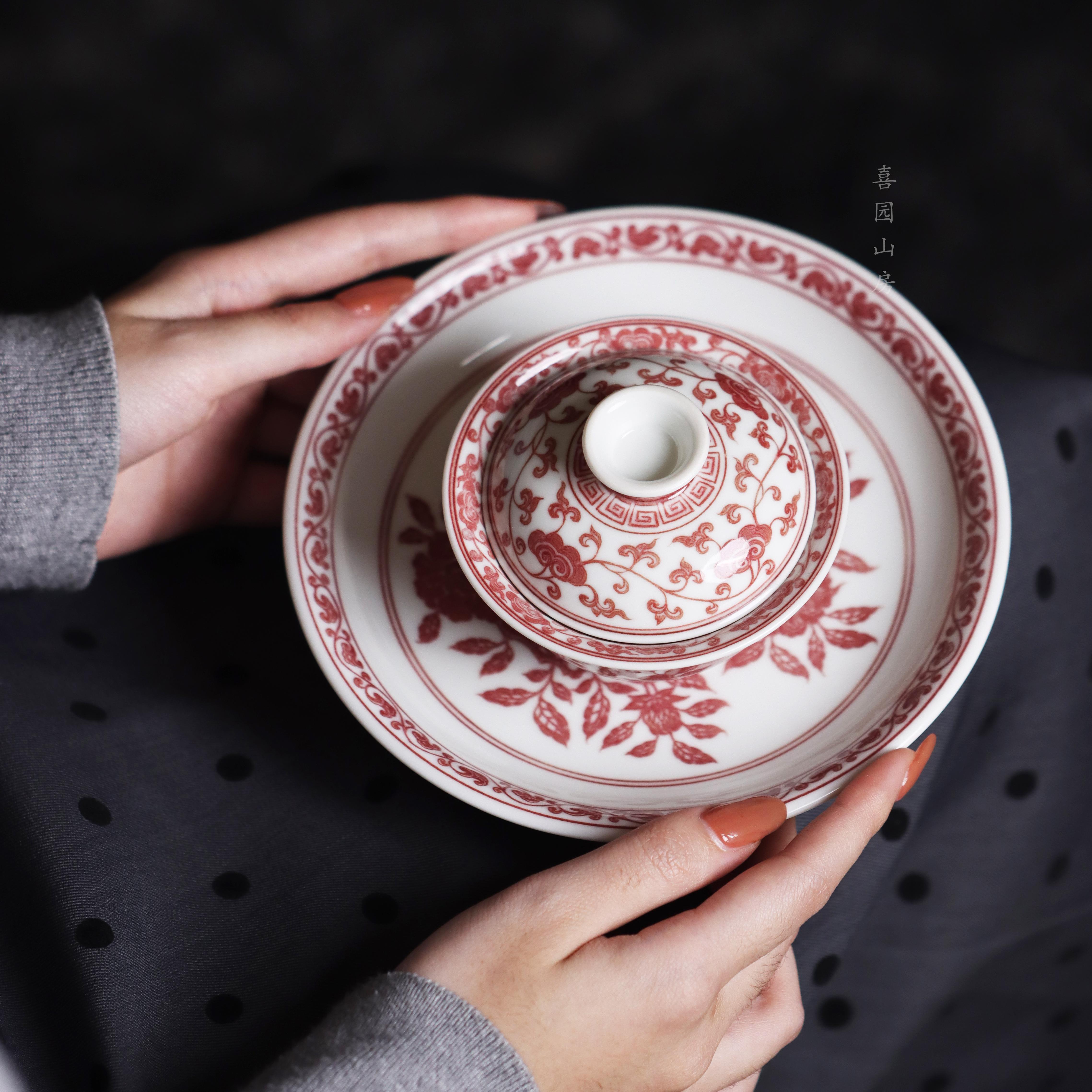 勤义堂全红山茶花壶承釉里红