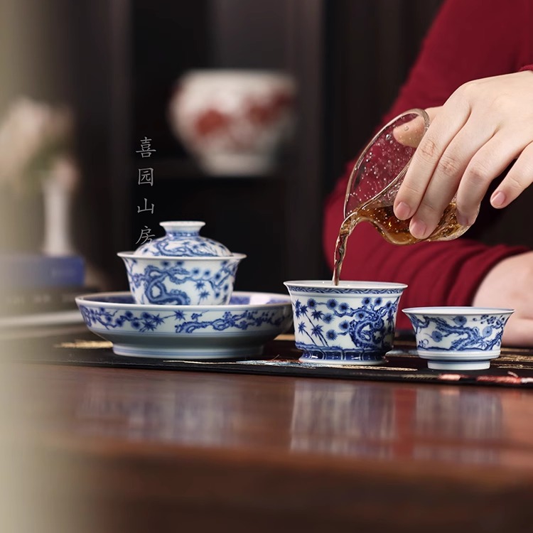 望月怀古松竹梅元宝盖碗主人杯