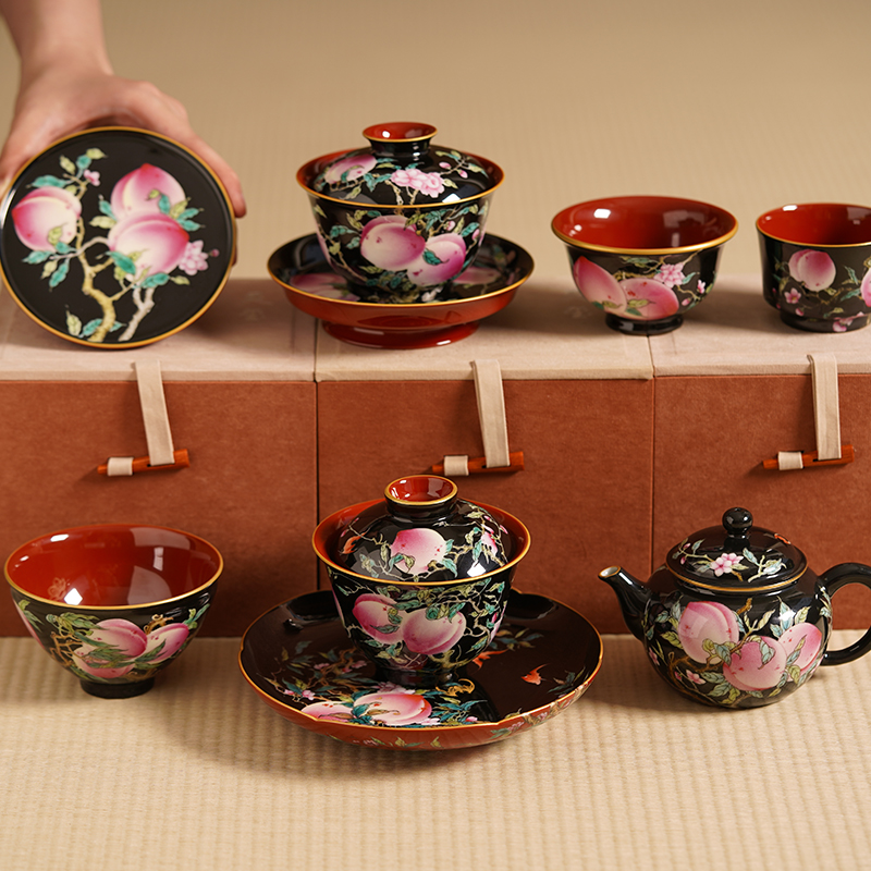 灵玺贡坊黑地寿桃盖碗杯子壶壶承 自用送礼大气高档套组 珐琅彩