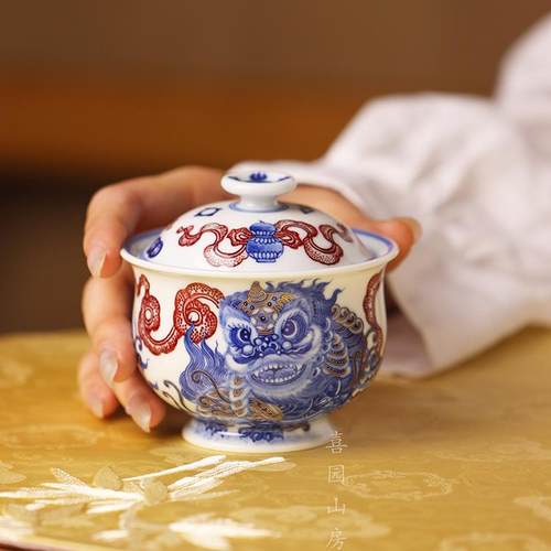 永明尚玩双狮布袋盖碗重工茶器