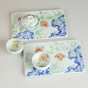 赐闲堂 釉下彩兰寿鱼爆款 暗香绿梅盖碗杯干泡台 少女心茶具 手工