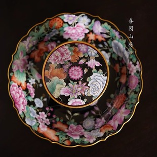 灵玺贡坊黑地百花齐放手抓壶壶承 珐琅彩仙女茶器 景德镇高端瓷器