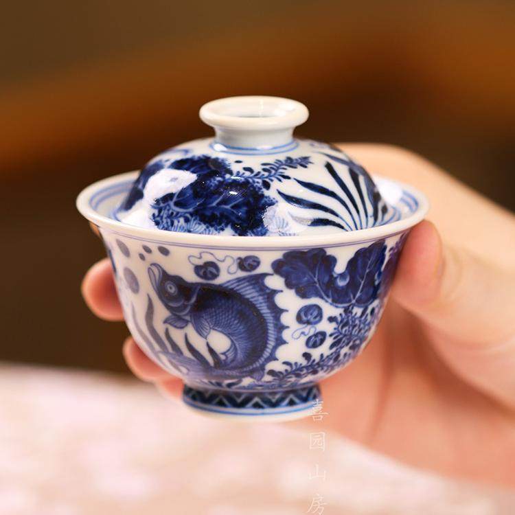 刘建锋窑鱼藻纹盖碗仿明盖碗