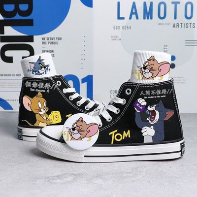 2025春夏猫和老鼠帆布鞋联名男鞋高帮板鞋爆改涂鸦手绘鸳鸯情侣鞋