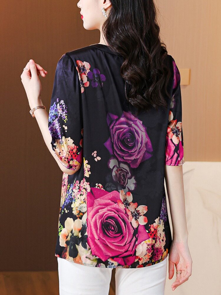 MRS. KUOS HIGH-END PRINTED SLIM SHIRT WOMENS 2024 SUMMER NEW MIDDLE-AGED MOTHERS FOREIGN AGE REDUCTION VERSATILE TOP