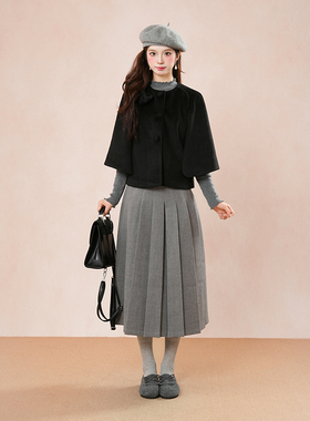 直井怜酱 日系古早斗篷外套+灰色百褶裙+木耳边打底上衣三件套女