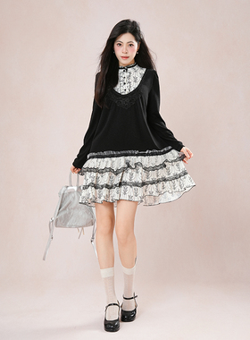【柔雾茶歇】 日系vintage古着感拼接假两件短裙复古蕾丝边连衣裙