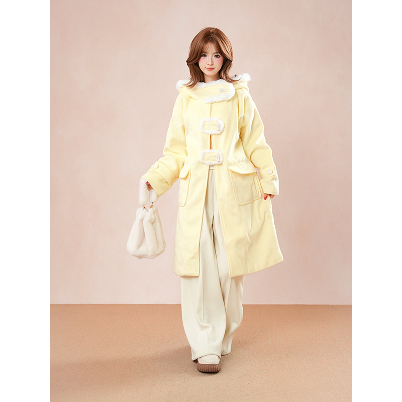 温柔奶黄毛呢外套女2025冬季新款减龄牛角扣中长款学院风呢子大衣