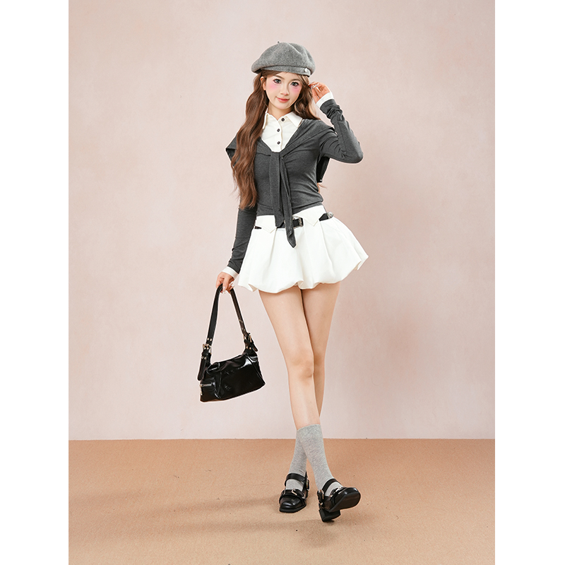 【伦敦往事】韩系复古2025秋季新款假两件长袖收腰上衣