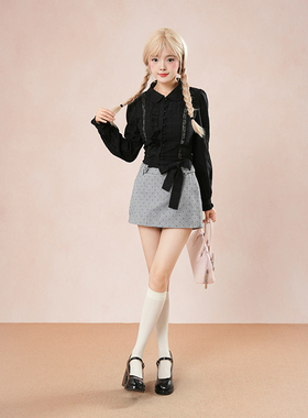 灰猫尾巴 万搭款万能黑色衬衫上衣+波点显瘦裤裙套装女秋季新款