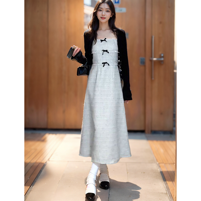 两件套 韩系甜美时尚百搭修身高腰显瘦盐系吊带连衣裙+开衫套装