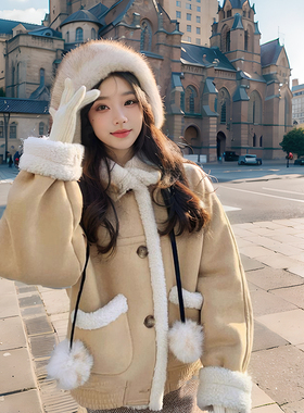 甜妹秘籍 冬季皮毛一体羊羔毛翻领厚外套+高腰显瘦短裙子两件套女
