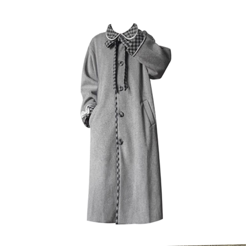 灰色秋冬宽松中长款甜美可爱毛呢外套秋冬新款系带格子加厚大衣女