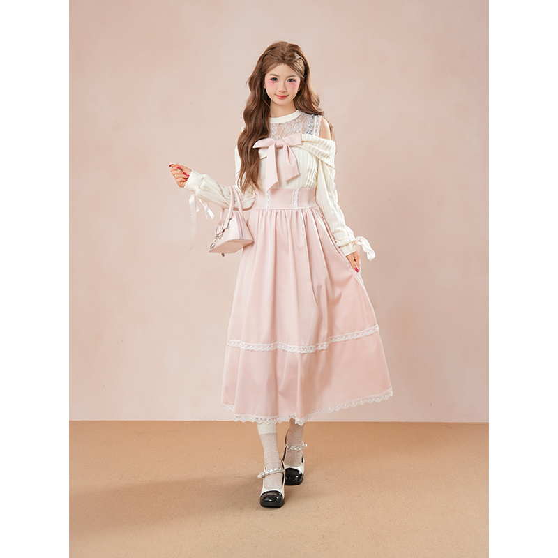 秋日絮语 清楚系优雅温柔浅粉露肩连衣裙女气质修身蕾丝长袖长裙