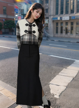 法式复古设计感拼接秋冬短外套宫廷风高级感毛呢外套女两件套套装