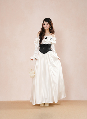 古堡少女  法式气质名媛高级感简约蝴蝶结白色收腰一字肩连衣裙
